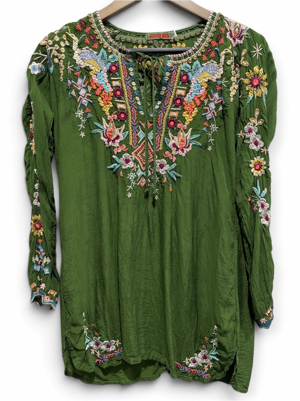 Johnny Was Sunflower Blouse XS Cactus Green Peacock Embroidered Tunic